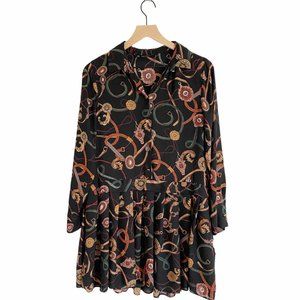 Zara Chain & Belt Print Ruffled Black Dress